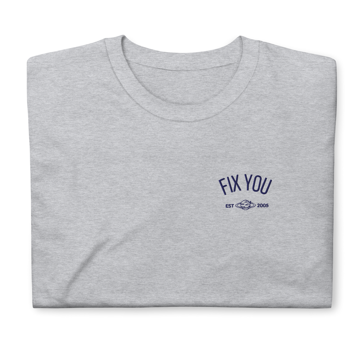 Grey minimalist t-shirt featuring blue “Fix You” typography with subtle graphic detail - Coldplay inspired band merch, aesthetic Coldplay “Fix You” song fan apparel