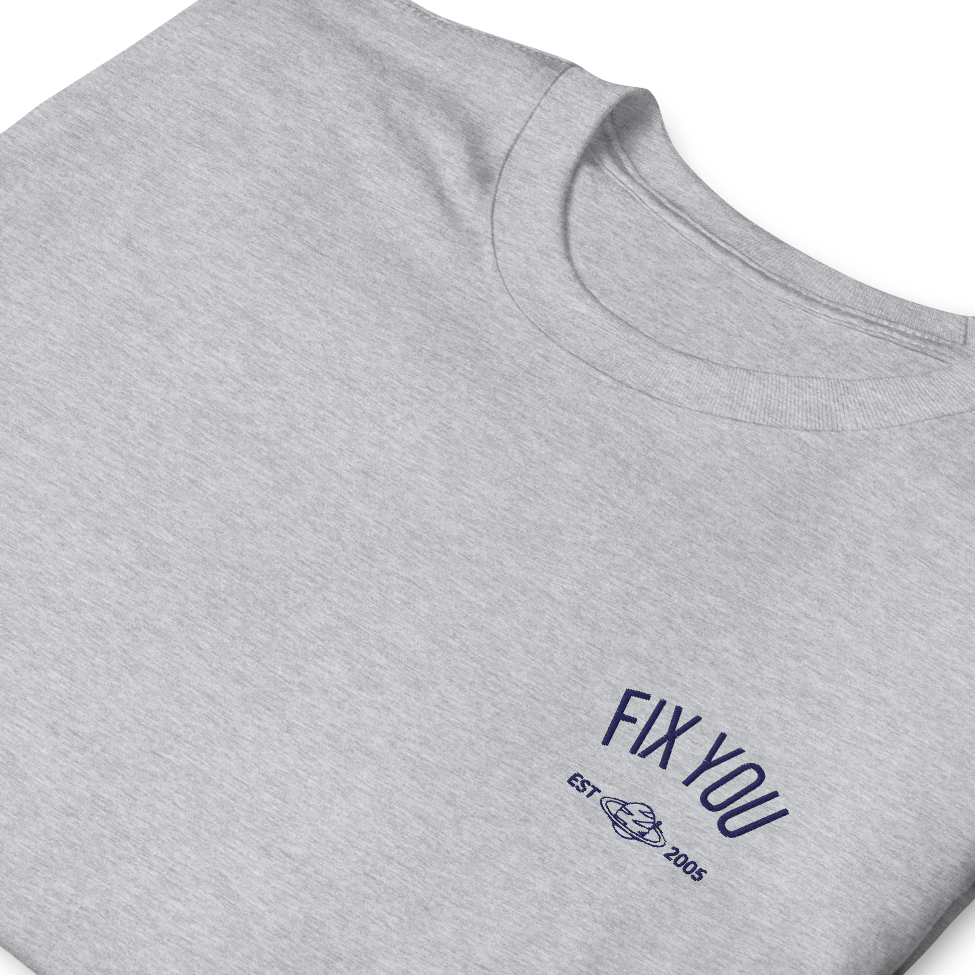 Grey minimalist t-shirt featuring blue “Fix You” typography with subtle graphic detail - Coldplay inspired band merch, aesthetic Coldplay “Fix You” song fan apparel