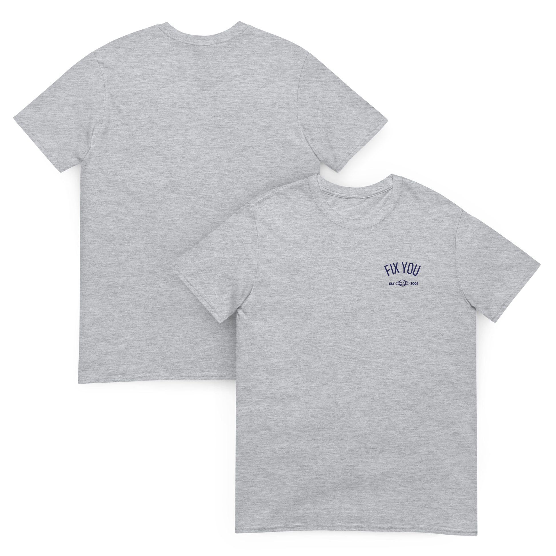 Grey minimalist t-shirt featuring blue “Fix You” typography with subtle graphic detail - Coldplay inspired band merch, aesthetic Coldplay “Fix You” song fan apparel