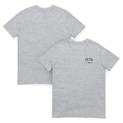Grey minimalist t-shirt featuring blue “Fix You” typography with subtle graphic detail - Coldplay inspired band merch, aesthetic Coldplay “Fix You” song fan apparel