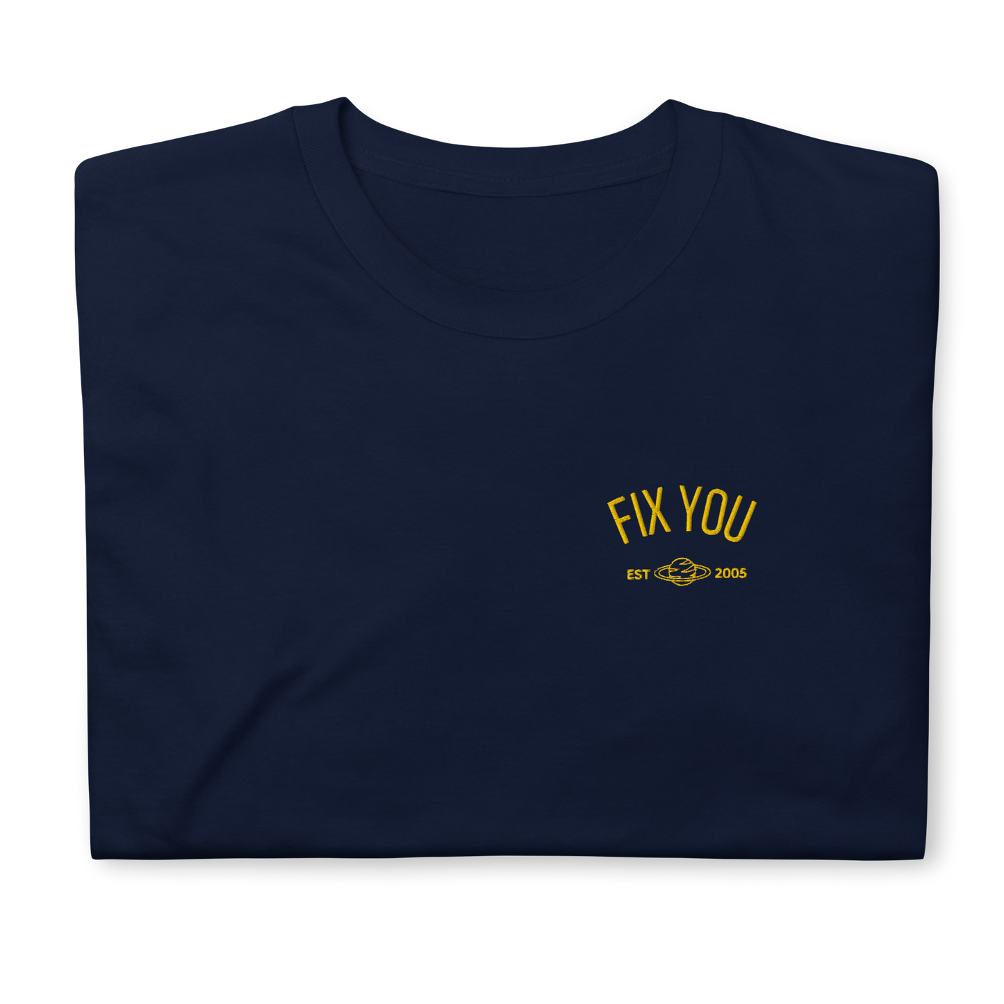 Navy blue minimalist t-shirt featuring yellow “Fix You” typography with subtle graphic detail - Coldplay inspired band merch, aesthetic Coldplay “Fix You” song fan apparel