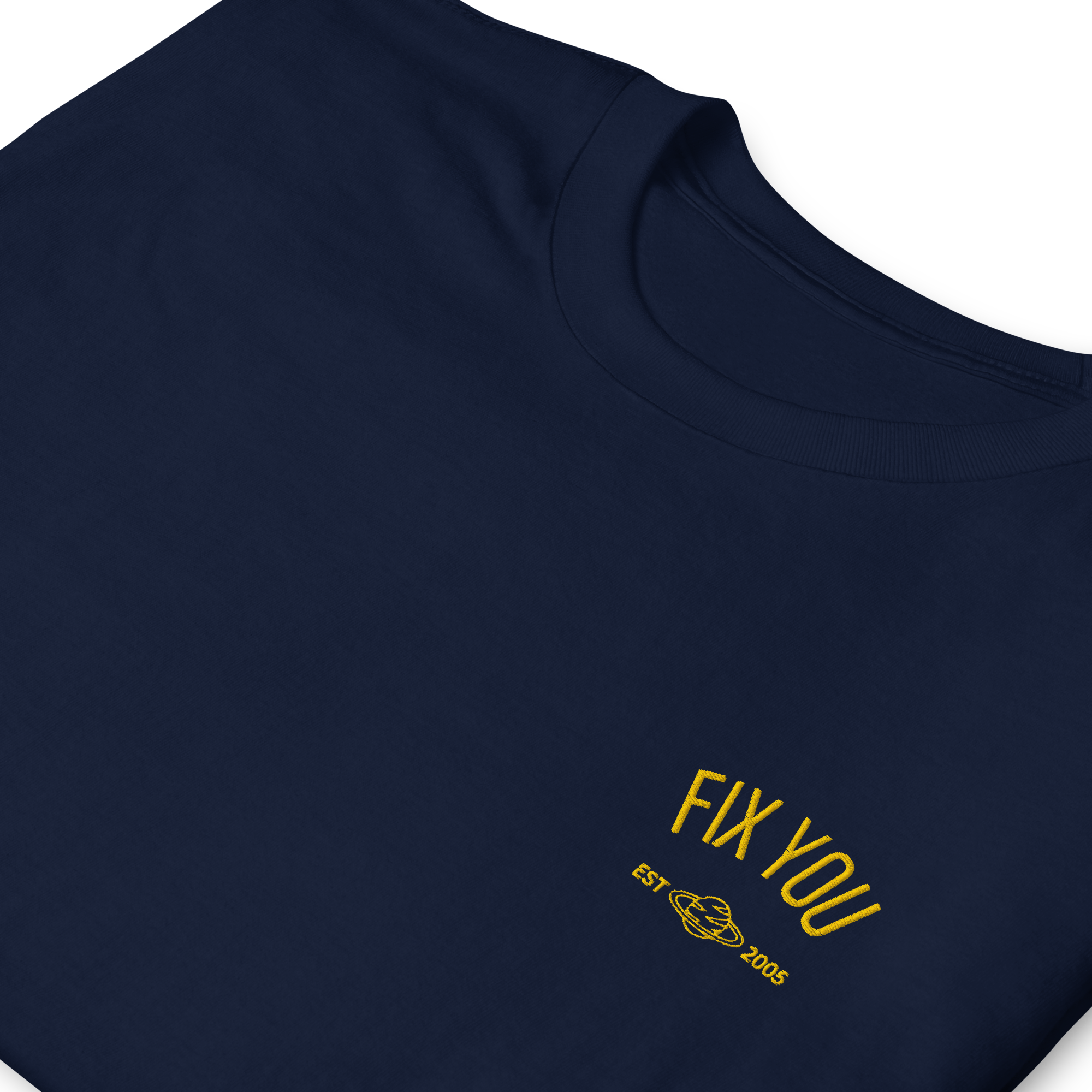 Navy blue minimalist t-shirt featuring yellow “Fix You” typography with subtle graphic detail - Coldplay inspired band merch, aesthetic Coldplay “Fix You” song fan apparel