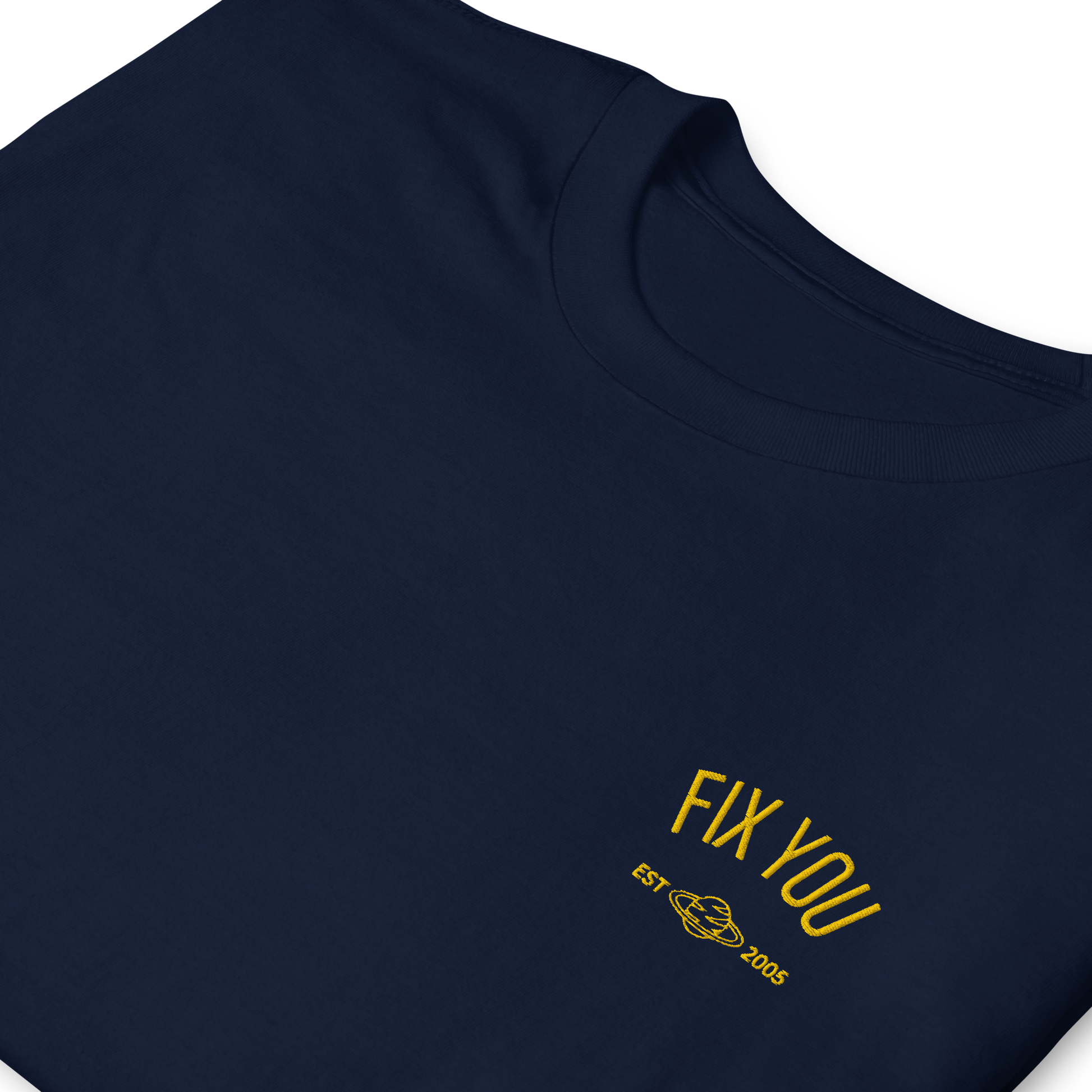 Navy blue minimalist t-shirt featuring yellow “Fix You” typography with subtle graphic detail - Coldplay inspired band merch, aesthetic Coldplay “Fix You” song fan apparel