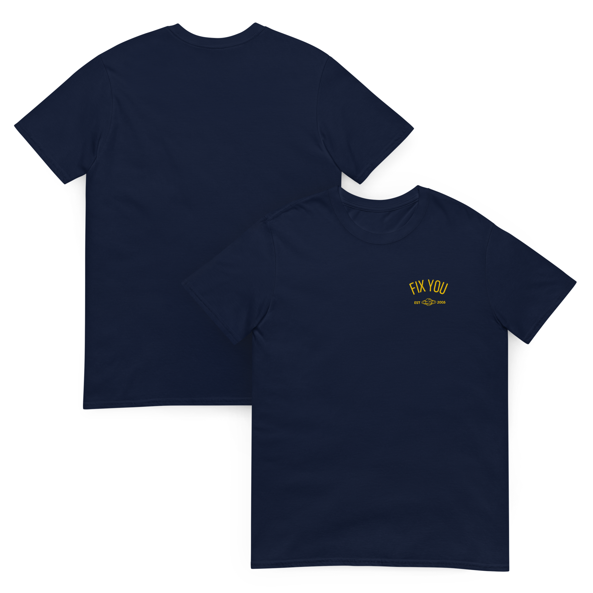 Navy blue minimalist t-shirt featuring yellow “Fix You” typography with subtle graphic detail - Coldplay inspired band merch, aesthetic Coldplay “Fix You” song fan apparel