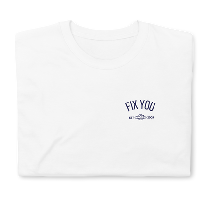 White minimalist t-shirt featuring blue “Fix You” typography with subtle graphic detail - Coldplay inspired band merch, aesthetic Coldplay “Fix You” song fan apparel