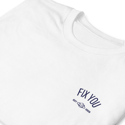 White minimalist t-shirt featuring blue “Fix You” typography with subtle graphic detail - Coldplay inspired band merch, aesthetic Coldplay “Fix You” song fan apparel
