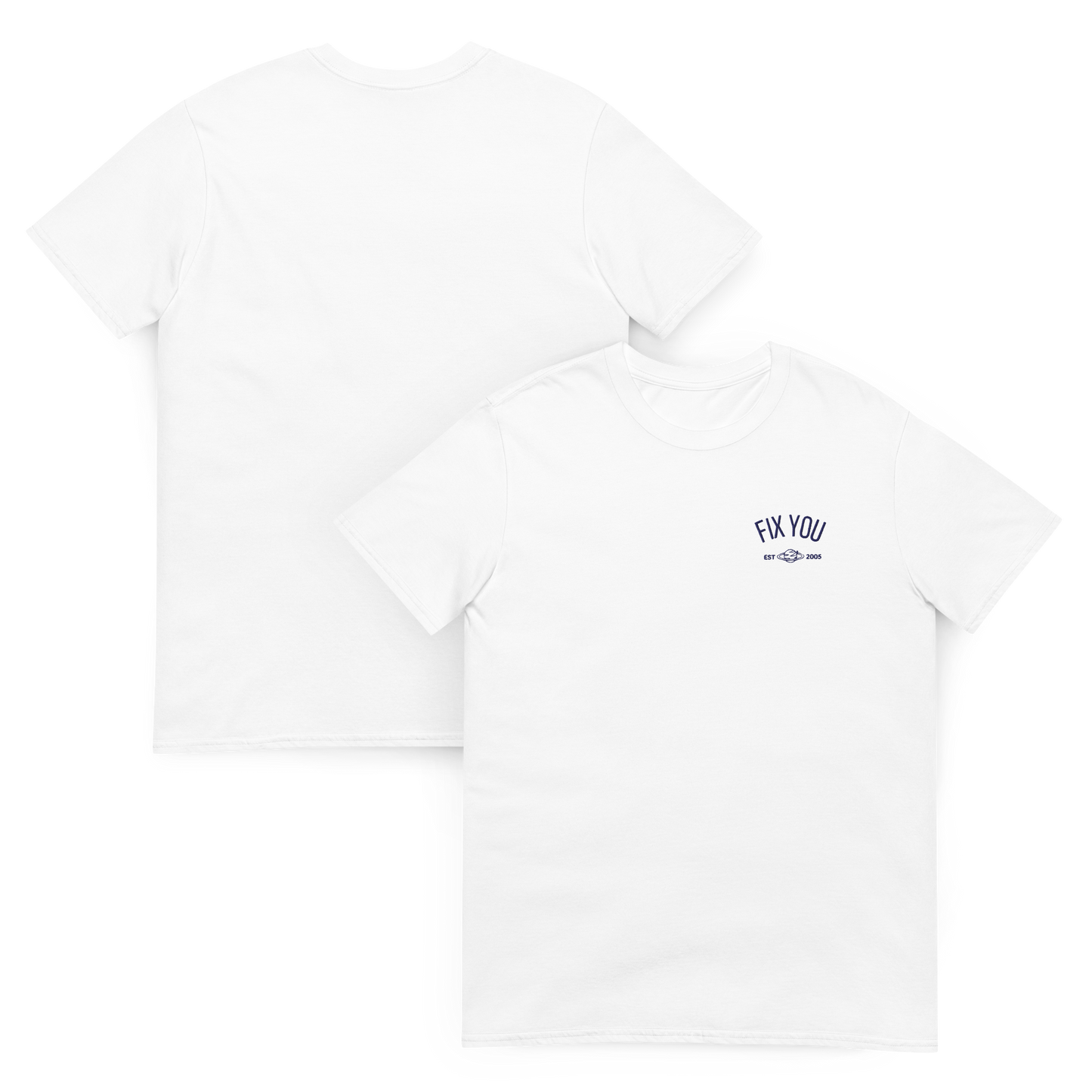 White minimalist t-shirt featuring blue “Fix You” typography with subtle graphic detail - Coldplay inspired band merch, aesthetic Coldplay “Fix You” song fan apparel