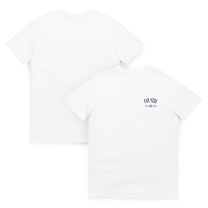 White minimalist t-shirt featuring blue “Fix You” typography with subtle graphic detail - Coldplay inspired band merch, aesthetic Coldplay “Fix You” song fan apparel