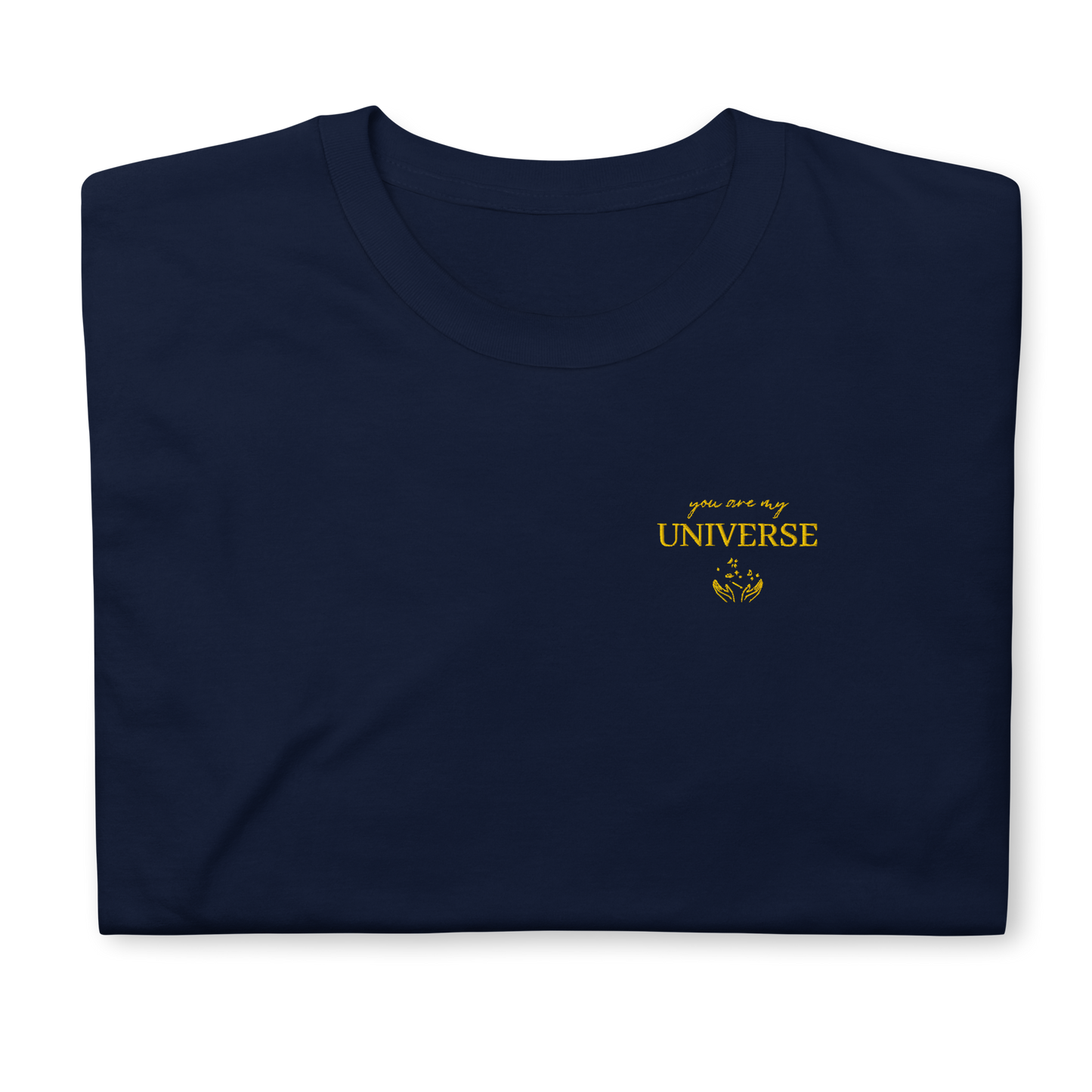 Navy Coldplay My Universe t-shirt with gold “My Universe” lettering and space graphic, Coldplay band merch tee for music lovers, concert outfit and fan apparel