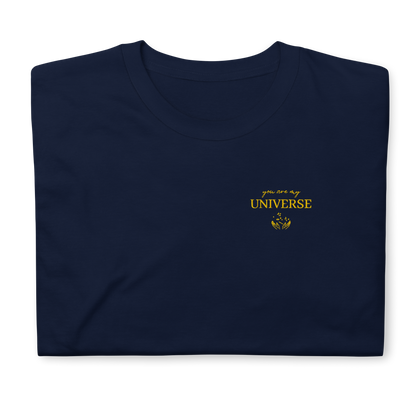 Navy Coldplay My Universe t-shirt with gold “My Universe” lettering and space graphic, Coldplay band merch tee for music lovers, concert outfit and fan apparel