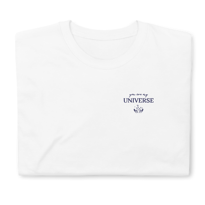 White Coldplay My Universe t-shirt with blue “My Universe” lettering and space graphic, Coldplay band merch tee for music lovers, concert outfit and fan apparel
