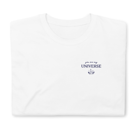 White Coldplay My Universe t-shirt with blue “My Universe” lettering and space graphic, Coldplay band merch tee for music lovers, concert outfit and fan apparel