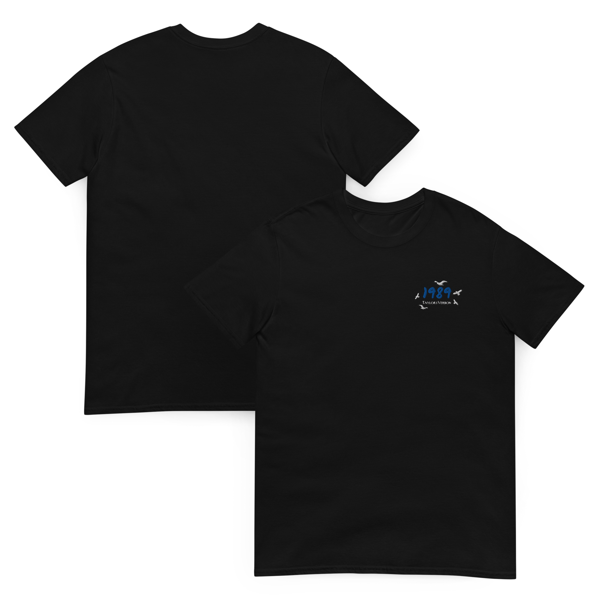 Black Taylor Swift 1989 (Taylor’s Version) t-shirt featuring a minimalist chest print with blue “1989” lettering and seagull details. Soft unisex tee inspired by Taylor Swift’s 1989 album, perfect for Swifties, concert outfits, and casual pop music streetwear looks
