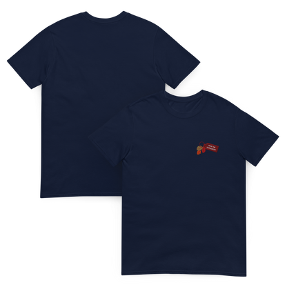 Navy blue t-shirt with small embroidered “Fuck the Patriarchy” keychain design and autumn leaves inspired by Taylor Swift’s All Too Well lyric, minimalist Swiftie fan shirt