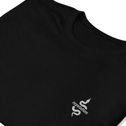 Black Taylor Swift “Reputation” graphic t-shirt featuring iconic bold white snake logo inspired by the Reputation album era, official fan merch for Swifties
