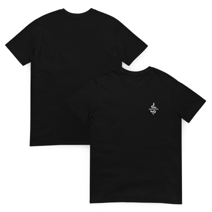 Black Taylor Swift “Reputation” graphic t-shirt featuring iconic bold white snake logo inspired by the Reputation album era, official fan merch for Swifties