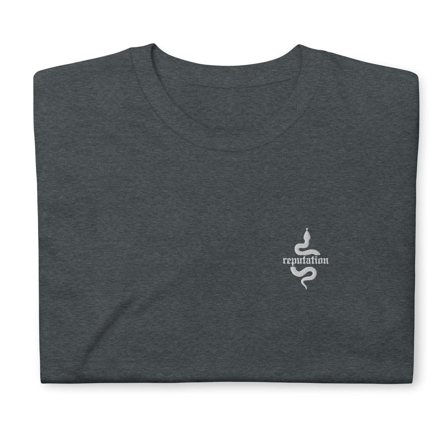 Dark Heather Taylor Swift “Reputation” graphic t-shirt featuring iconic bold white snake logo inspired by the Reputation album era, official fan merch for Swifties