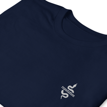 Navy Taylor Swift “Reputation” graphic t-shirt featuring iconic bold white snake logo inspired by the Reputation album era, official fan merch for Swifties