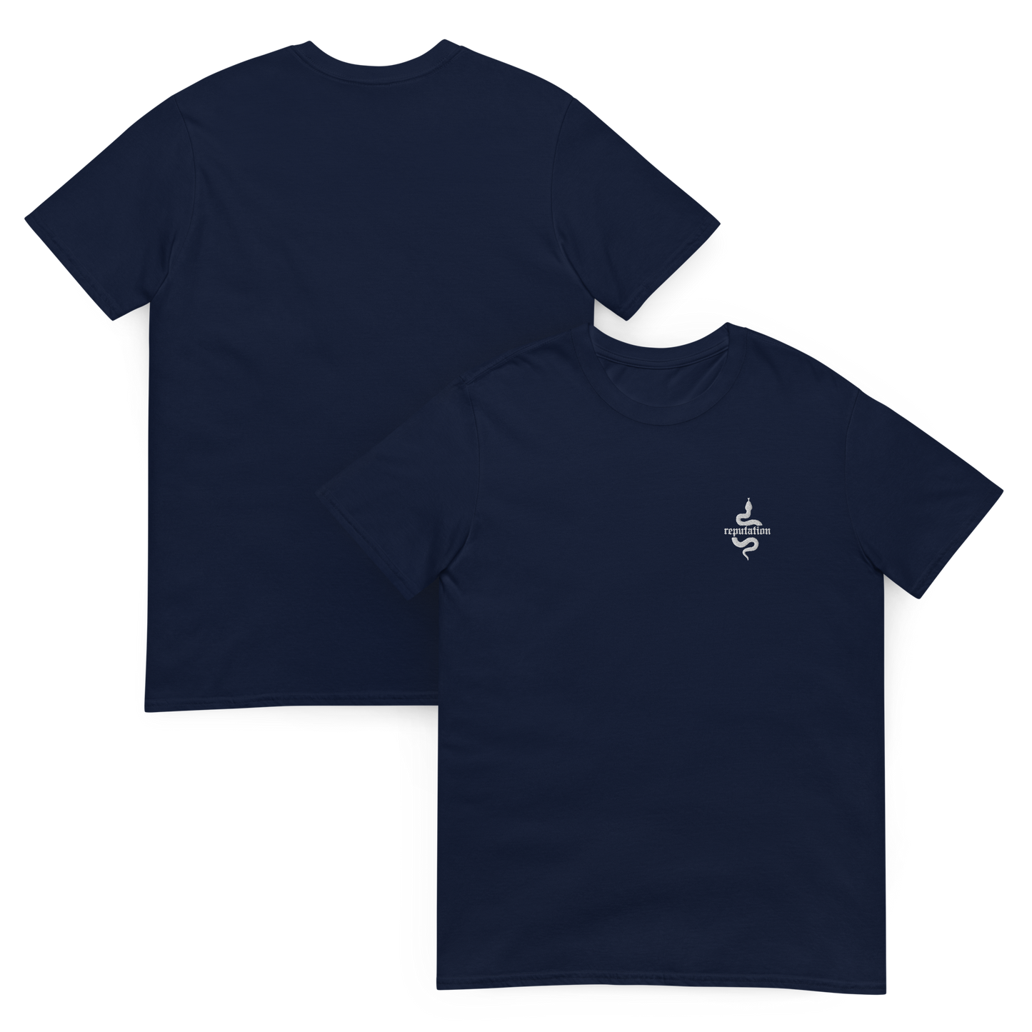 Navy Taylor Swift “Reputation” graphic t-shirt featuring iconic bold white snake logo inspired by the Reputation album era, official fan merch for Swifties