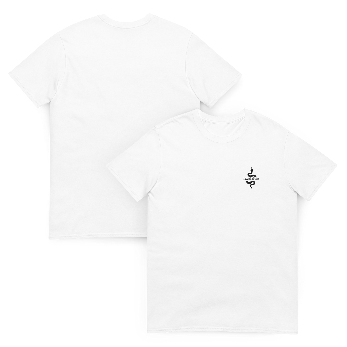 White Taylor Swift “Reputation” graphic t-shirt featuring iconic bold black snake logo inspired by the Reputation album era, official fan merch for Swifties