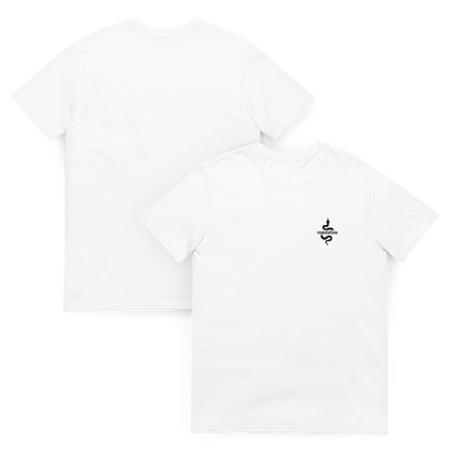 White Taylor Swift “Reputation” graphic t-shirt featuring iconic bold black snake logo inspired by the Reputation album era, official fan merch for Swifties