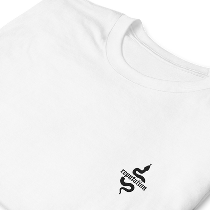 White Taylor Swift “Reputation” graphic t-shirt featuring iconic bold black snake logo inspired by the Reputation album era, official fan merch for Swifties