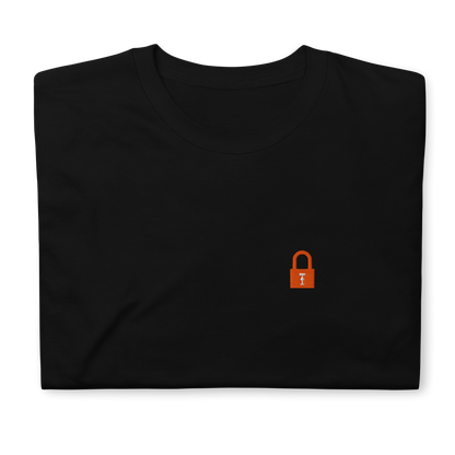 Taylor Swift Showgirl era inspired black t-shirt with minimalist lock graphic, aesthetic Swiftie fan merchandise tee