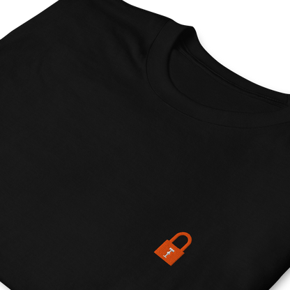 Taylor Swift Showgirl era inspired black t-shirt with minimalist lock graphic, aesthetic Swiftie fan merchandise tee