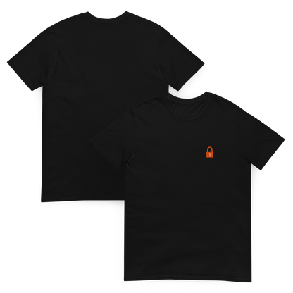 Taylor Swift Showgirl era inspired black t-shirt with minimalist lock graphic, aesthetic Swiftie fan merchandise tee