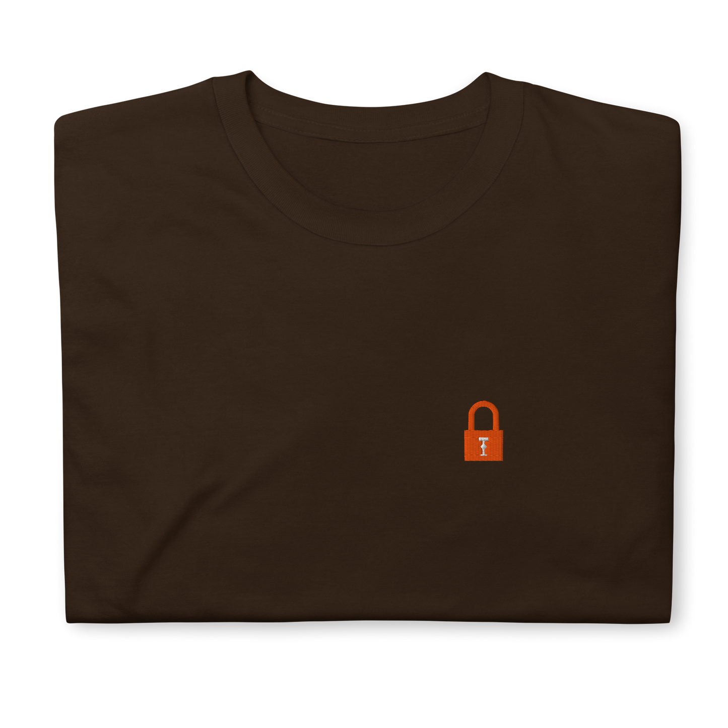 Taylor Swift Showgirl era inspired brown t-shirt with minimalist lock graphic, aesthetic Swiftie fan merchandise tee
