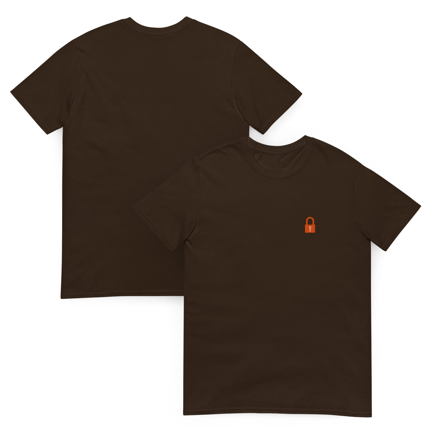 Taylor Swift Showgirl era inspired brown t-shirt with minimalist lock graphic, aesthetic Swiftie fan merchandise tee