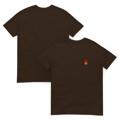 Taylor Swift Showgirl era inspired brown t-shirt with minimalist lock graphic, aesthetic Swiftie fan merchandise tee
