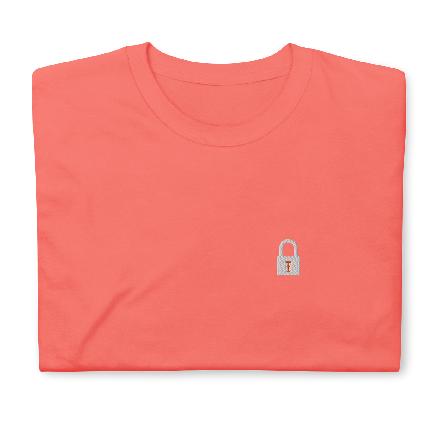 Taylor Swift Showgirl era inspired coral t-shirt with minimalist lock graphic, aesthetic Swiftie fan merchandise tee