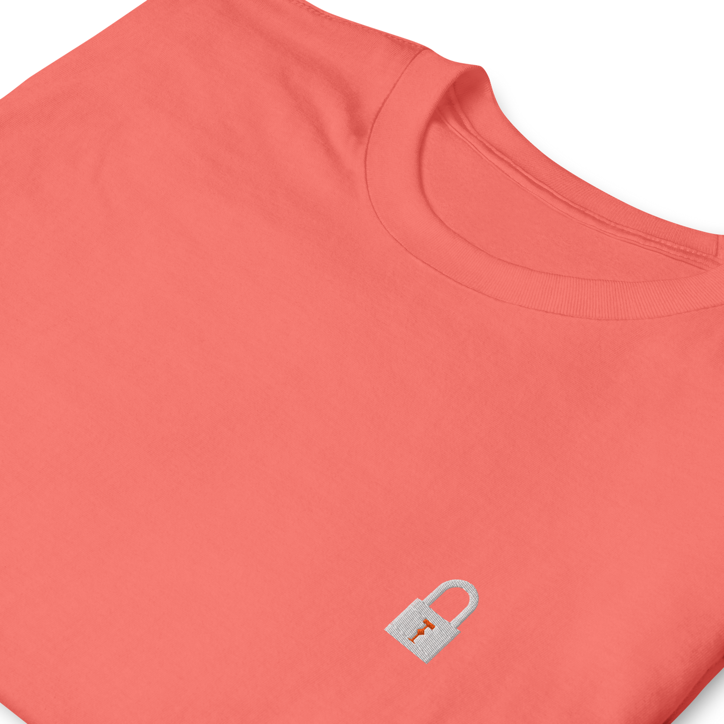 Taylor Swift Showgirl era inspired coral t-shirt with minimalist lock graphic, aesthetic Swiftie fan merchandise tee