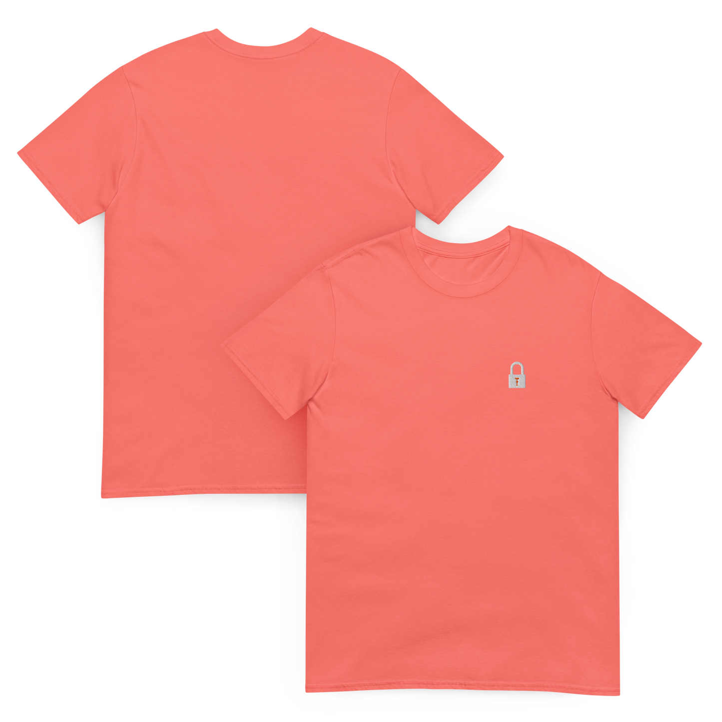 Taylor Swift Showgirl era inspired coral t-shirt with minimalist lock graphic, aesthetic Swiftie fan merchandise tee