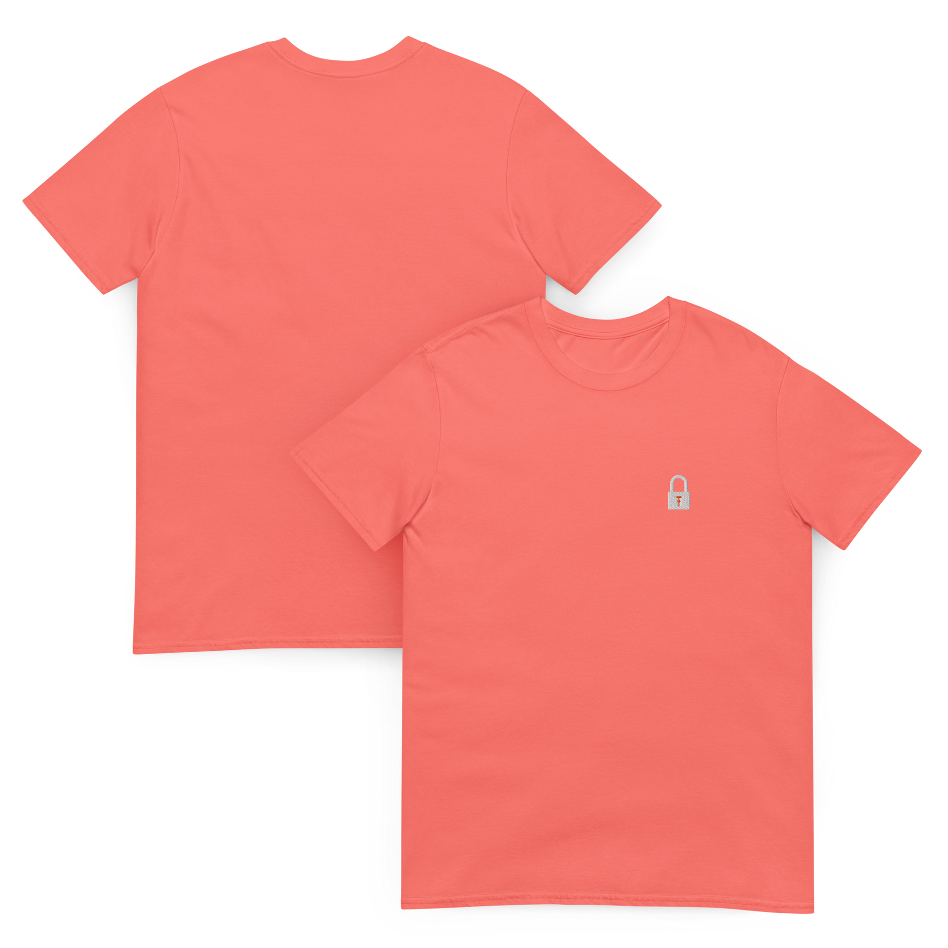 Taylor Swift Showgirl era inspired coral t-shirt with minimalist lock graphic, aesthetic Swiftie fan merchandise tee