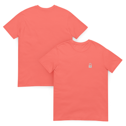 Taylor Swift Showgirl era inspired coral t-shirt with minimalist lock graphic, aesthetic Swiftie fan merchandise tee