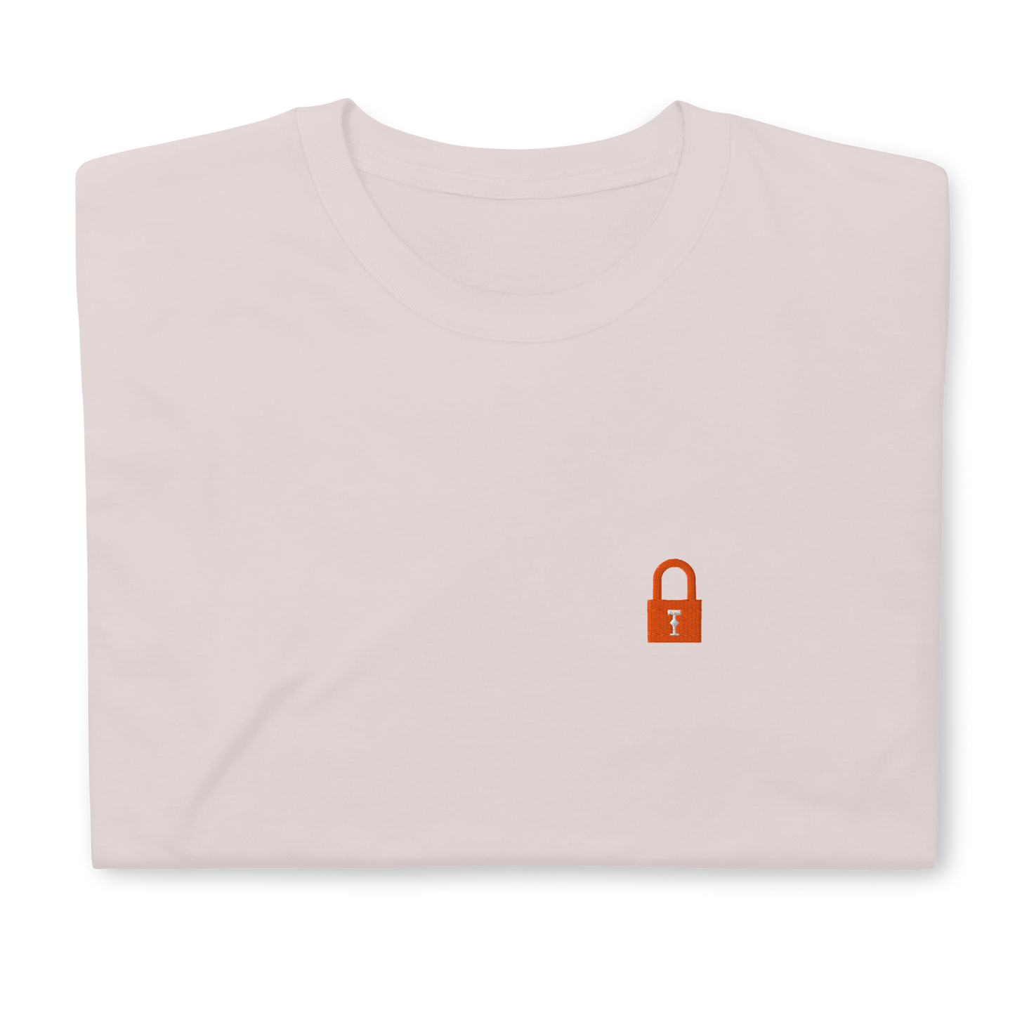 Taylor Swift Showgirl era inspired ice grey t-shirt with minimalist lock graphic, aesthetic Swiftie fan merchandise tee