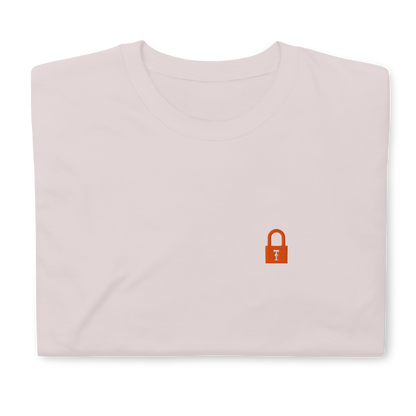 Taylor Swift Showgirl era inspired ice grey t-shirt with minimalist lock graphic, aesthetic Swiftie fan merchandise tee