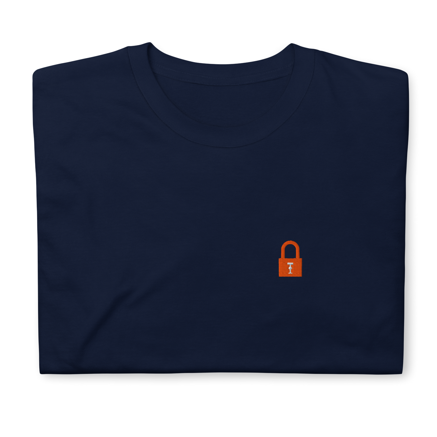 Taylor Swift Showgirl era inspired navy t-shirt with minimalist lock graphic, aesthetic Swiftie fan merchandise tee