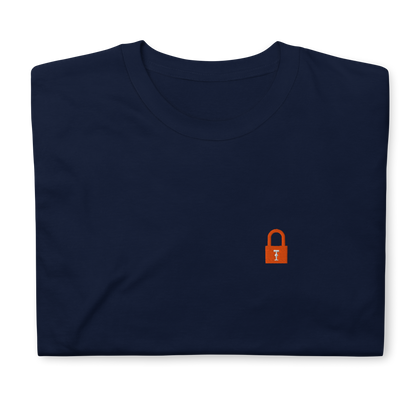 Taylor Swift Showgirl era inspired navy t-shirt with minimalist lock graphic, aesthetic Swiftie fan merchandise tee