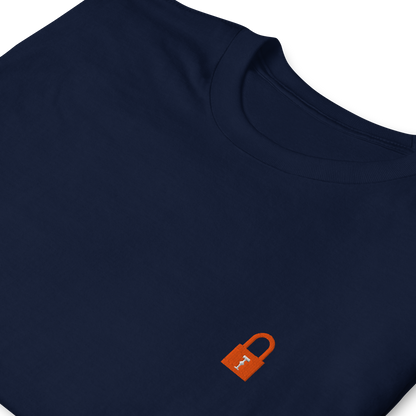 Taylor Swift Showgirl era inspired navy t-shirt with minimalist lock graphic, aesthetic Swiftie fan merchandise tee