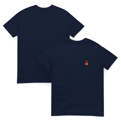 Taylor Swift Showgirl era inspired navy t-shirt with minimalist lock graphic, aesthetic Swiftie fan merchandise tee