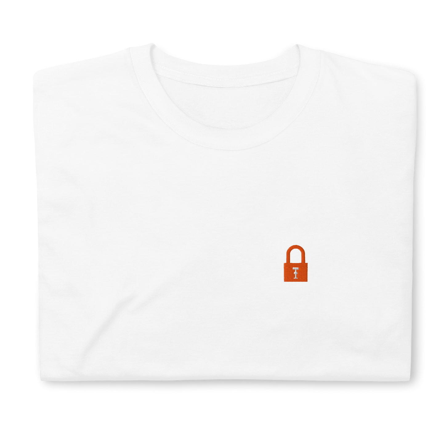 Taylor Swift Showgirl era inspired white t-shirt with minimalist lock graphic, aesthetic Swiftie fan merchandise tee
