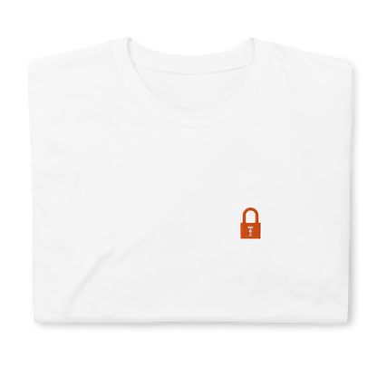 Taylor Swift Showgirl era inspired white t-shirt with minimalist lock graphic, aesthetic Swiftie fan merchandise tee