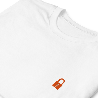 Taylor Swift Showgirl era inspired white t-shirt with minimalist lock graphic, aesthetic Swiftie fan merchandise tee