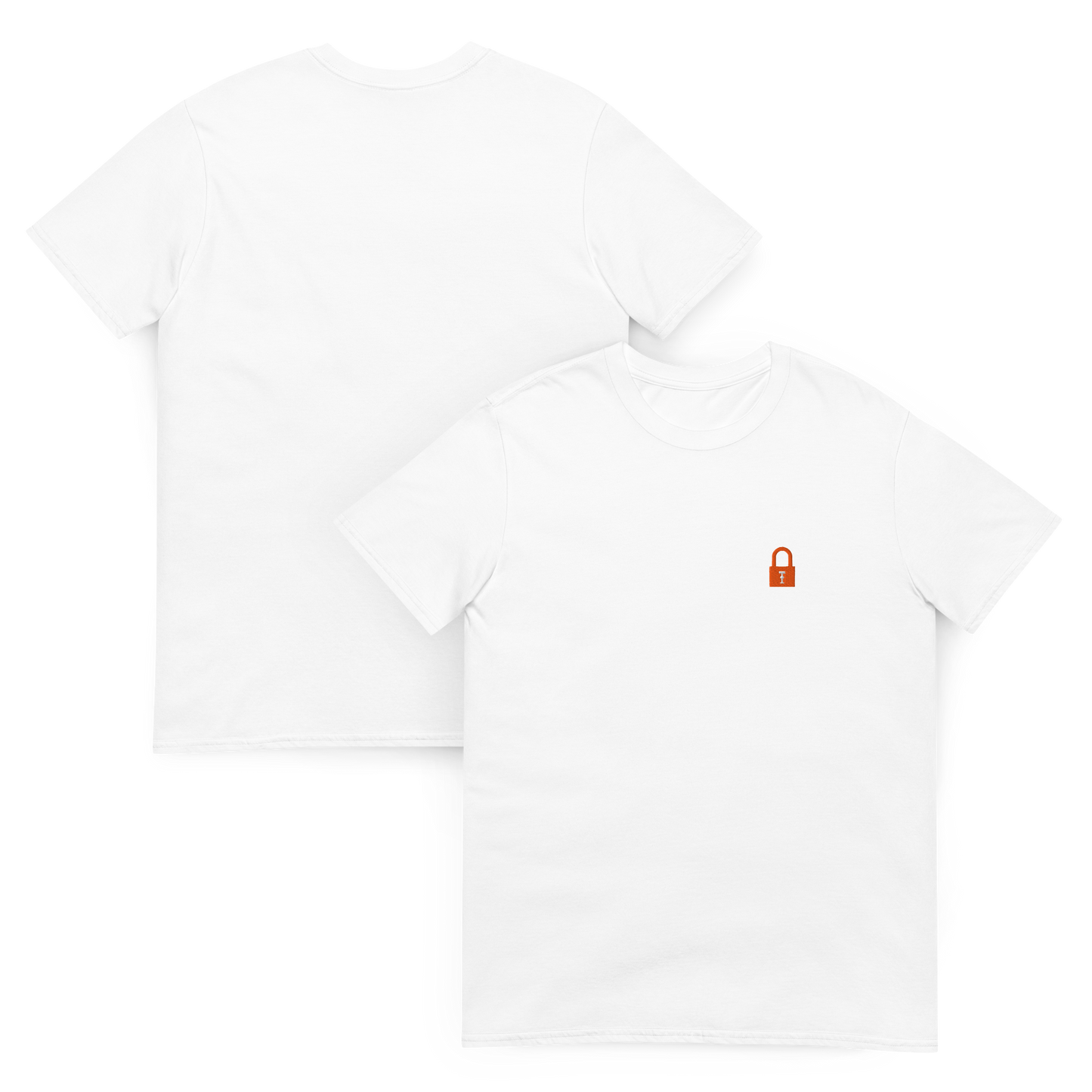 Taylor Swift Showgirl era inspired white t-shirt with minimalist lock graphic, aesthetic Swiftie fan merchandise tee