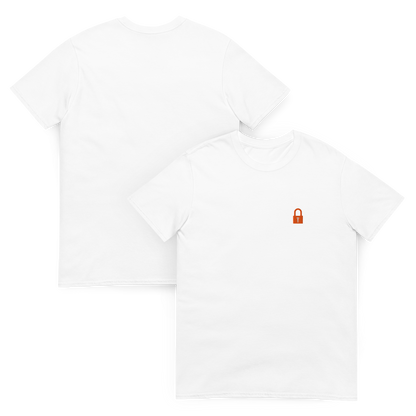 Taylor Swift Showgirl era inspired white t-shirt with minimalist lock graphic, aesthetic Swiftie fan merchandise tee