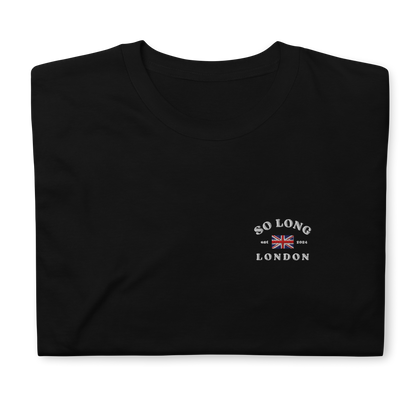 Taylor Swift So Long London inspired black t-shirt with vintage ‘So Long London’ text and UK flag graphic, aesthetic Swiftie fan merchandise tee.
