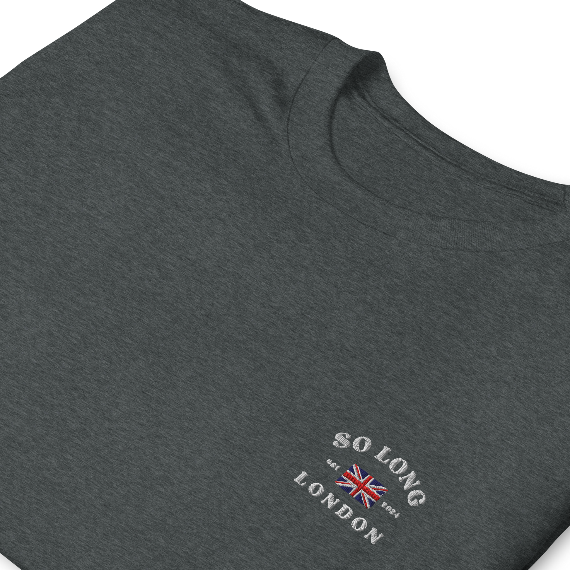 Taylor Swift So Long London inspired dark heather t-shirt with vintage ‘So Long London’ text and UK flag graphic, aesthetic Swiftie fan merchandise tee.